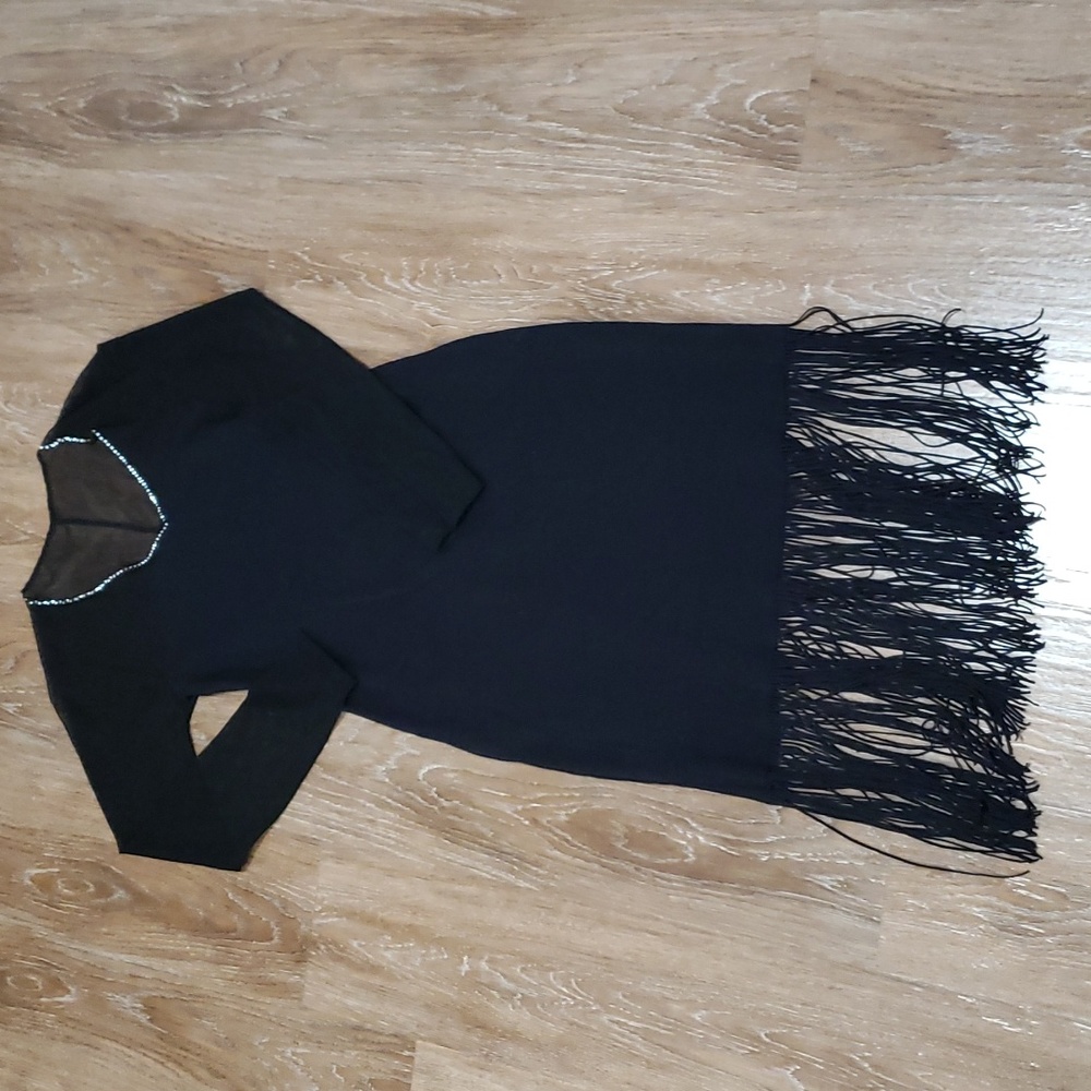 (L) Bellissima Fringe Mesh Sheer Back Bodycon Midi Goth Evening Occasion